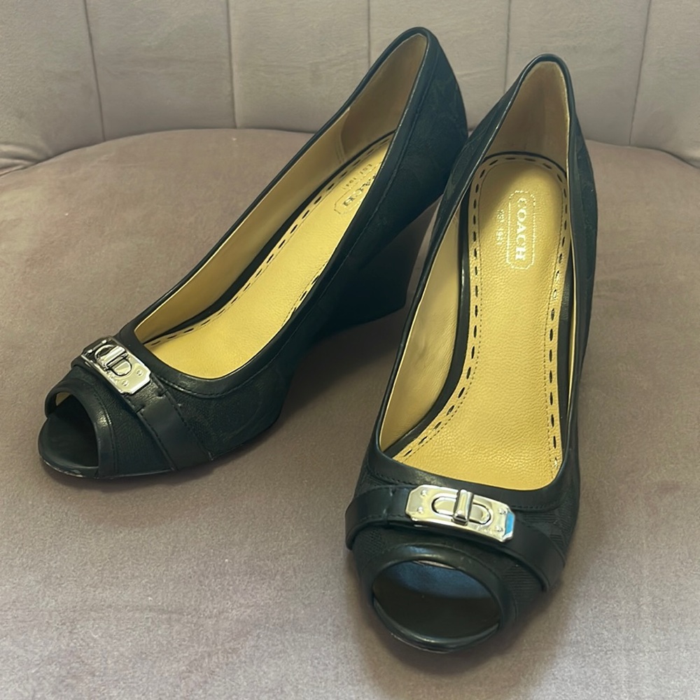 Coach Thea Black Open Toe Wedges